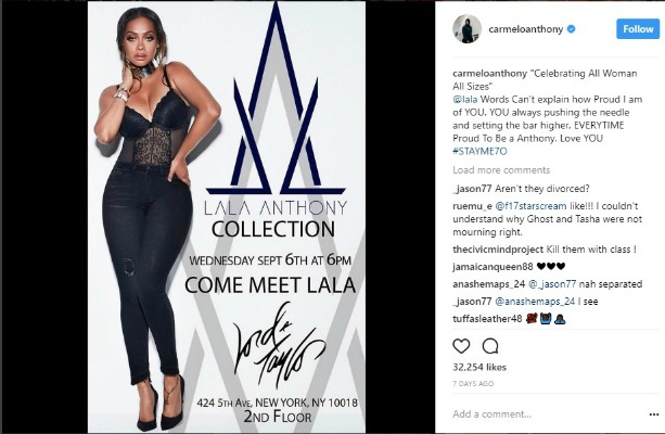 Carmelo Anthony Instagram post of the launch of LaLa Anthonys new denim line at Lord and Taylor 613x400