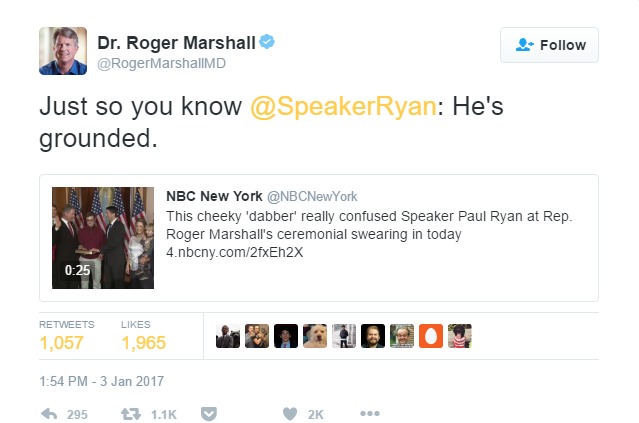 Roger Marshall tweets to Speaker Paul Ryan that he grounded his son for dabbing at swearing in photo opp