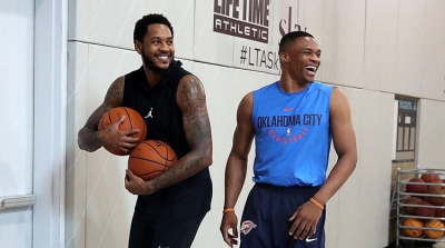 Oklahoma City Thunder players Carmelo Anthony and Russell Westbrook