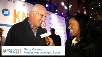 Former professional heavyweight boxer Gerry Cooney talking with What&#039;s The 411TV correspondent Bianca Peart on Chase Blue Carpet at Madison Square Garden
