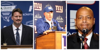 Photo left to right: Ben McAdoo, NY Giants new head coach; Tom Coughlin; former NY Giants Head Coach; and Jerry Reese, NY Giants General Manager