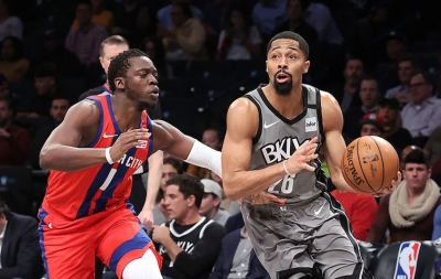 Brooklyn Nets guard, Spencer Dinwiddie (right), defending ball against Detroit Pistons guard, Reggie Jackson. Dinwiddie led all scorers with 28 points in a game against the Detroit Pistons at the Barclays Center on January 29, 2020. The Brooklyn Nets won 125-115.
