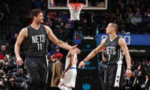 Brooklyn Nets center Brook Lopez and guard Jeremy Lin acknowledging their win over the New York Knicks on Sunday, March 12, 2017. 