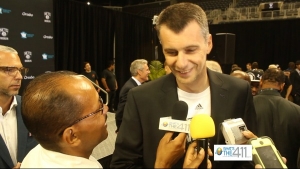 Brooklyn Nets owner Mikhail Prokhorov talking to What&#039;s The 411 reporter Andrew Rosario