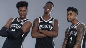 Brooklyn Nets players (l to r): Rondae Hollis-Jefferson, Caris LeVert, and D’Angelo Russell having a good time on NBA Media Day