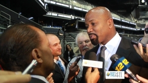 Billy King, Brooklyn Nets general manager, talking with the media.