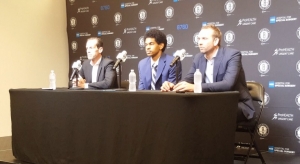 Photo (left to right): Kenny Atkinson, Brooklyn Nets head coach; Jarrett Allen; and Sean Marks, Brooklyn Nets, General Manager