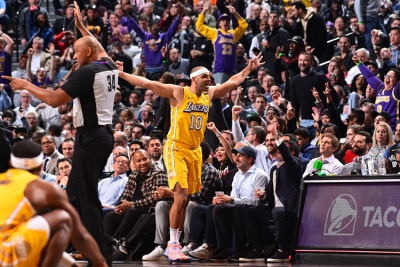 Los Angeles Lakers forward Jared Dudley celebrating after hitting a three-point shot against his former team, the Brooklyn Nets, at the Barclays Center in Brooklyn, NY, on January 23, 2020. The Los Angeles Lakers defeated the Brooklyn Nets 128-113.