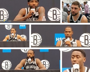 Photo featuring Brooklyn Nets players (from top left to right): Kyrie Irving, Joe Harris, 2nd row: Spencer Dinwiddie, Kevin Durant, and bottom row: DeAndre Jordan and Caris LeVert