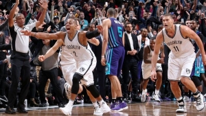 Brooklyn Nets backup guard Randy Foye is elated after he drills a three-point bucket to capture a 120-118 Nets win over the Charlotte Hornets with .9 seconds left in the game at the Barclays Center on December 26, 2016
