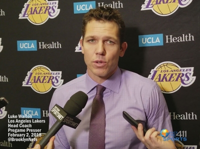 Luke Walton, Los Angeles Lakers head coach, briefing reporters prior to a game against the Brooklyn Nets at the Barclays Center.