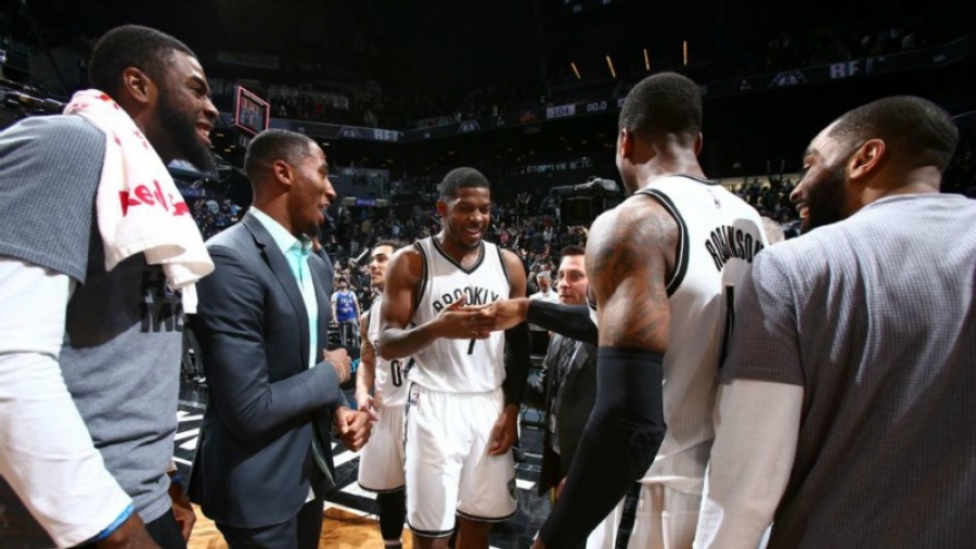 Brooklyn Nets forward Joe Johnson after knocking down buzzer-beating shot to defeat the Denver Nuggets 105-104