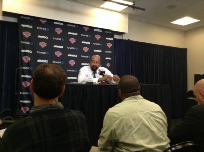 Mike Woodson, head coach of the New York Knicks, talking with the media