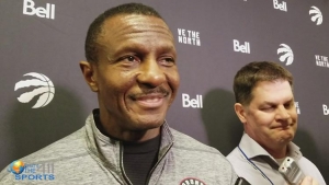 Dwane Casey, head coach, Toronto Raptors, talking with the media prior to a game against the Brooklyn Nets at the Barclays Center