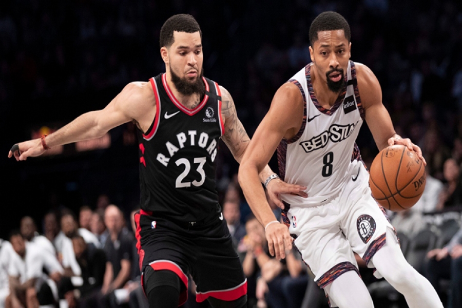 Brooklyn Nets guard Spencer Dinwiddie trying to stay ahead of Toronto Raptors guard Fred VanVleet