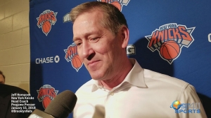 Jeff Hornacek, New York Knicks head coach, briefing reporters prior to a game against the Brooklyn Nets at the Barclays Center on Martin Luther King Jr. Day  