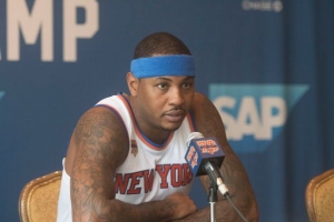 Carmelo Anthony speaking with the media