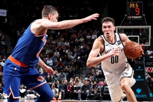 Brooklyn Nets rookie Rodions Kurucs playing in his first NBA game against the Nets crosstown rivals, the New York Knicks.