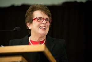 Billie Jean King speaking at the USTA ICON Awards prior to presenting the Billie Jean King Legacy Award to Pat Summitt, former University of Tennessee Women&#039;s Basketball Coach