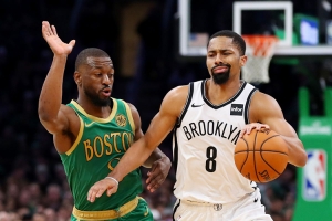 Brooklyn Nets point guard Spencer Dinwiddie holds off Kemba Walker, Boston Celtics point guard during a game at the Barclays Center on Friday, November 29, 2019. The Brooklyn Nets defeated the Boston Celtics 112-107.