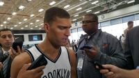 Brooklyn Nets center Brook Lopez talking with the media.